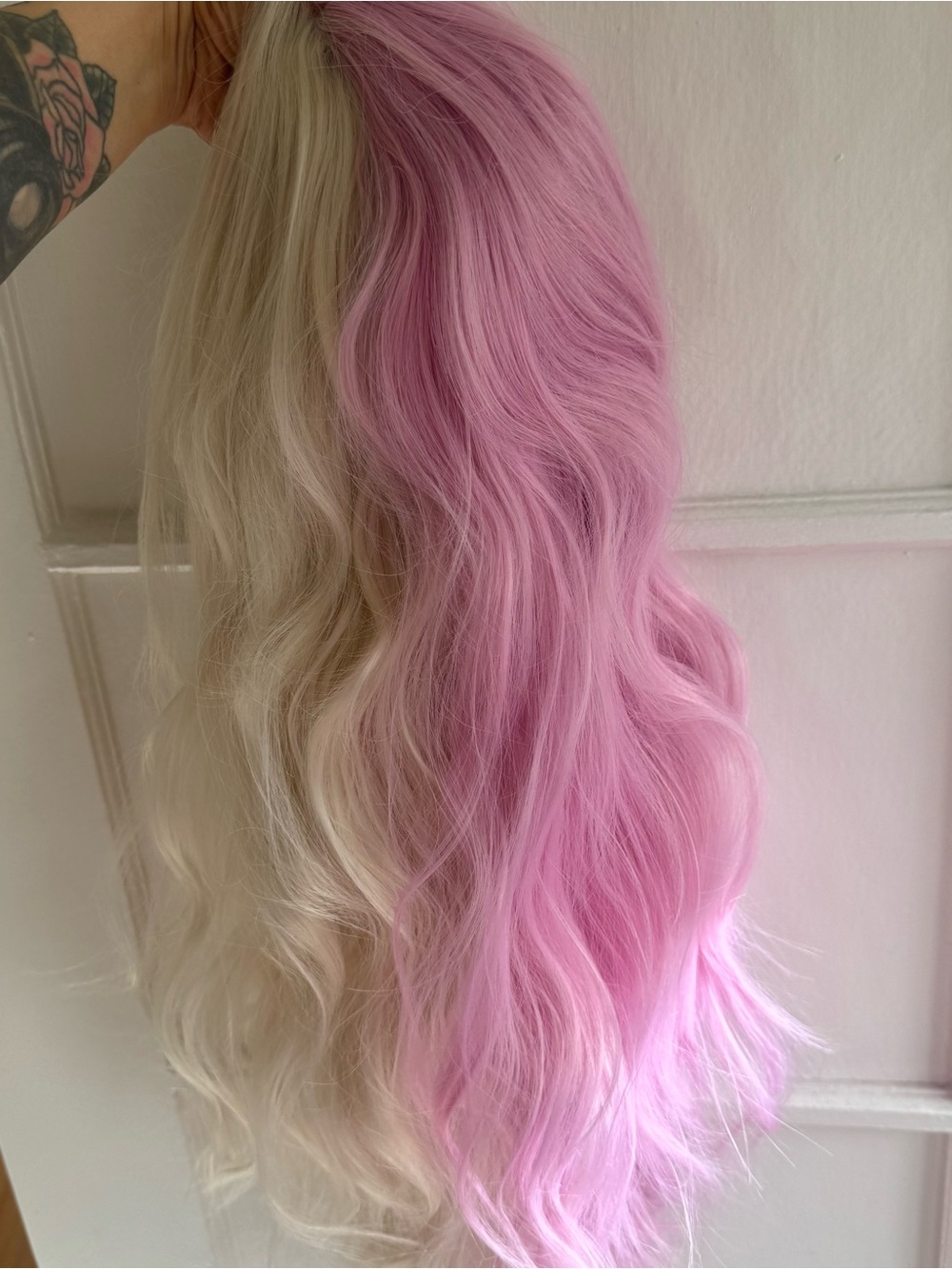 Blonde & Pastel Pink Long Wavy Hair synthetic lace front wig - Women Hair